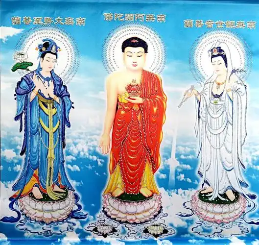 西方三圣连版佛挂画阿弥陀佛镶钻观音菩萨大势至菩萨三圣丝绸卷轴