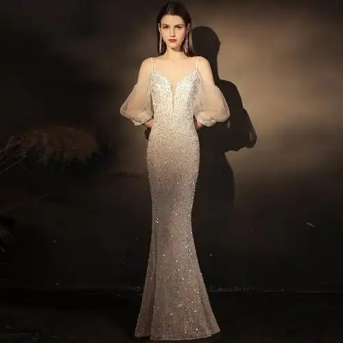 欧美外贸2021新款时尚吊带修身手工宴会晚礼服亚马逊鱼尾礼服长裙