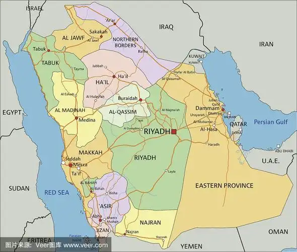 沙特阿拉伯-可编辑的政治地图与标签.