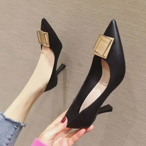 901-28磨砂时尚百搭高跟鞋少女尖头细跟浅口2020新款春夏季单鞋子