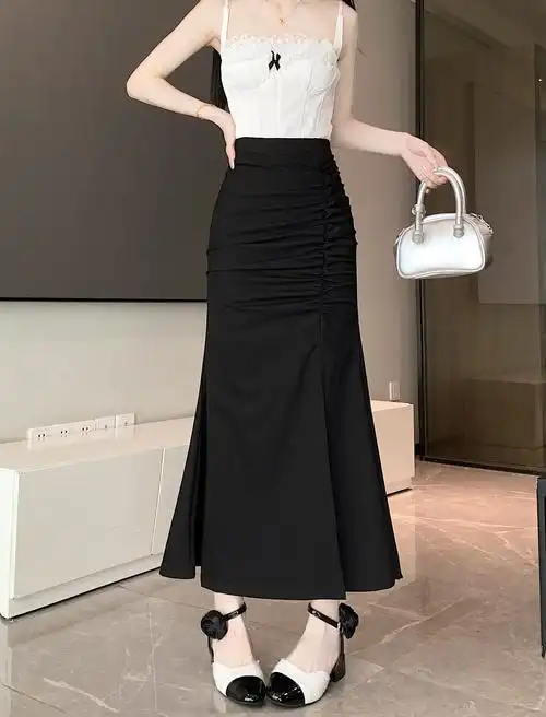 实拍实价 新款高腰皱褶长款鱼尾裙开叉半身裙显瘦a字包臀裙女 - 17网