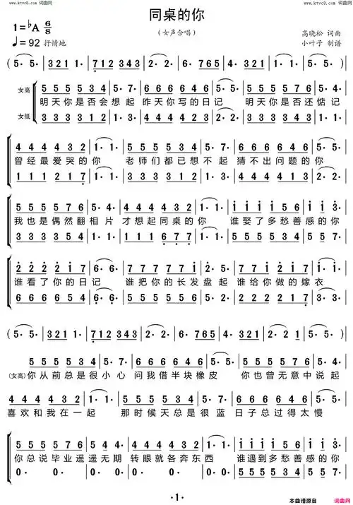 同桌的你合唱谱简谱-黑鸭子组合演唱-高晓松/高晓松词曲1