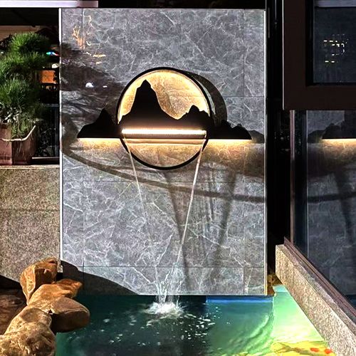 高山流水瀑布出水口新中式别墅庭院花园鱼池水景观装饰造景流水槽