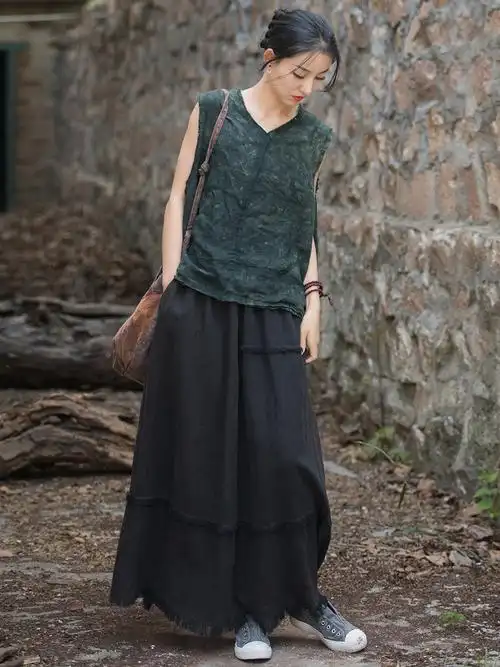 苎麻砂炒磨毛休闲百搭半身裙棉麻女装新品24春夏居家旅行女式裙子