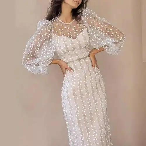 欧美跨境独立站亚马逊新款淑女气质刺绣透视网纱连衣裙时尚长裙