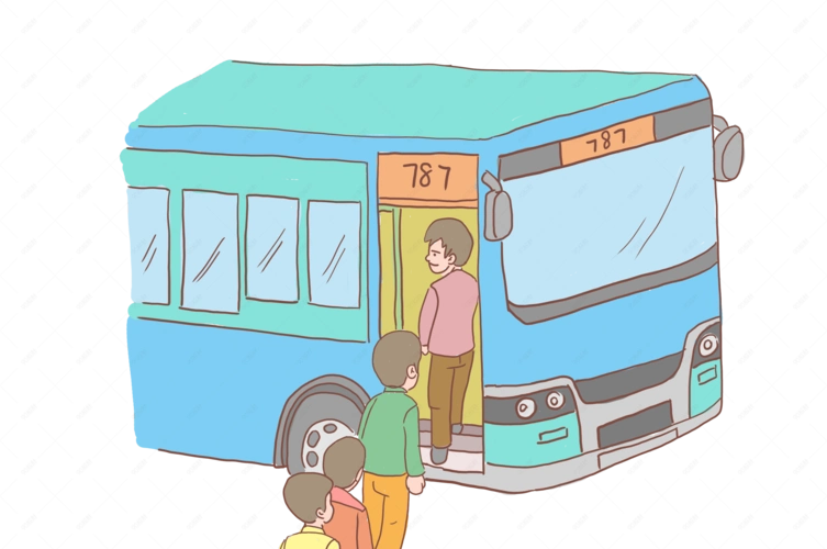 旅行排队坐公交车手绘卡通