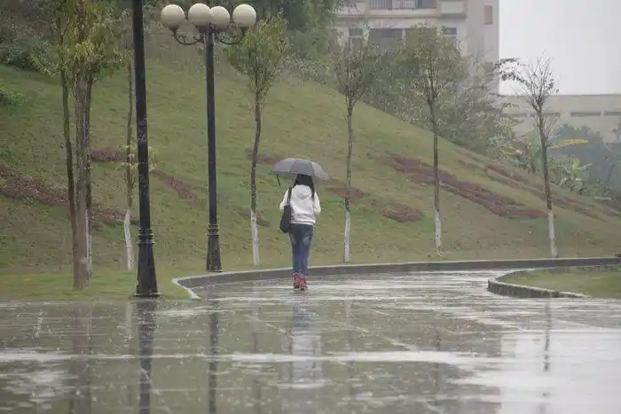 独自一人撑伞在雨中