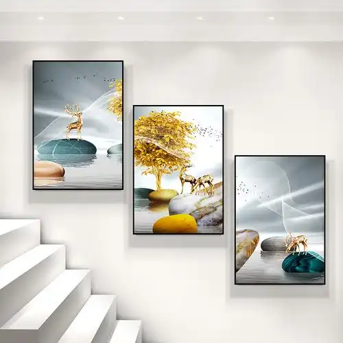 复式楼梯挂画单幅手绘竖版楼梯间装饰画现代简约楼道挂画中式复式楼梯