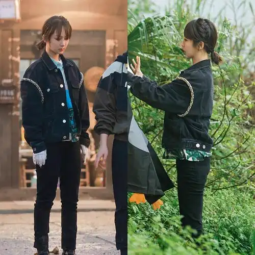 明星向往的生活杨紫同款黑色宽松镶钻长袖牛仔外套百搭印花衬衫女