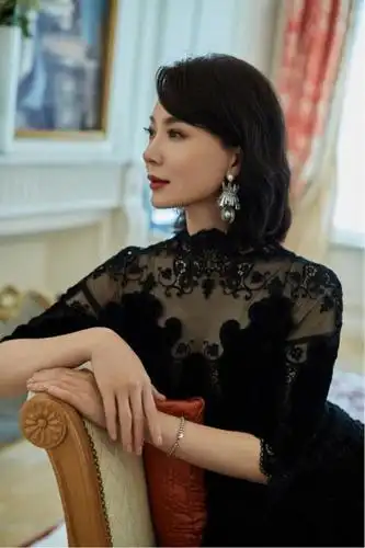 42岁陈数现活动一袭黑色蕾丝连衣裙配齐肩发型高级贵妇感满满