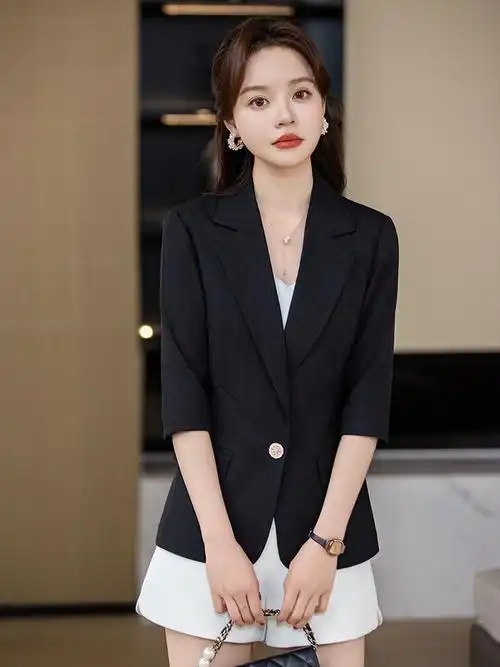 一手货源女士职业装西装外套女2024新款七分袖韩短装小西服工作服