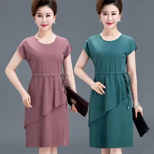 中老年棉麻连衣裙夏天大码宽松裙子40-50岁中年妇女妈妈夏装长裙