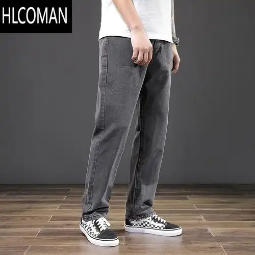 hlcoman男生裤子休闲复古韩版潮流灰色秋季青年宽松直筒裤高街牛仔裤
