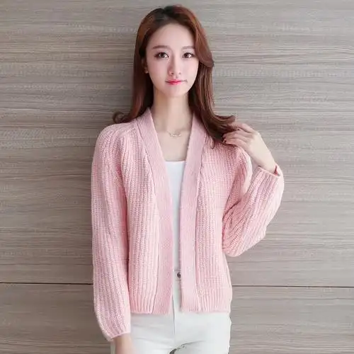 小清新气质优雅淑女风纯色无领短款针织开衫外套