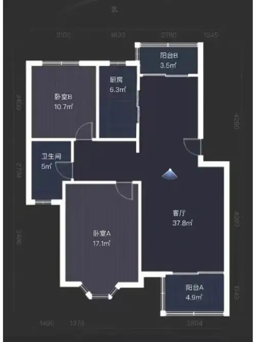 原两房两厅两阳台现改造一间儿童房* 改造方案:原餐厅占用一半 北阳台