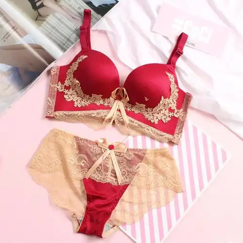 大红色内衣套装本命年女无钢圈小胸加厚聚拢结婚文胸薄款新娘胸罩