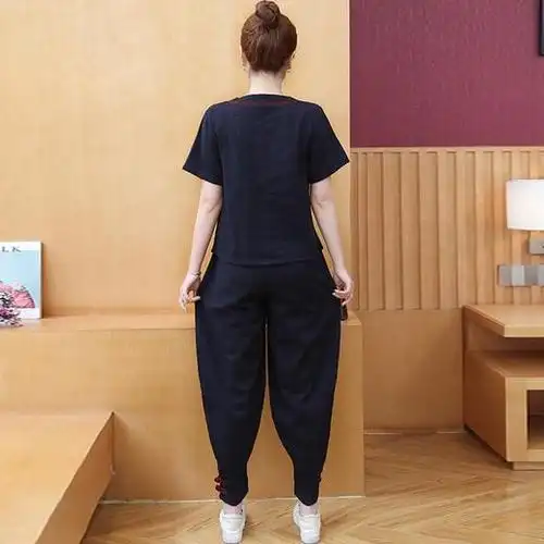 中国风复古棉麻刺绣短袖上衣灯笼裤两件套货号zq2165