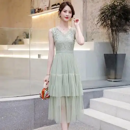 蕾丝连衣裙2021新款夏很仙法国小众法式复古高腰网纱过膝智熏裙