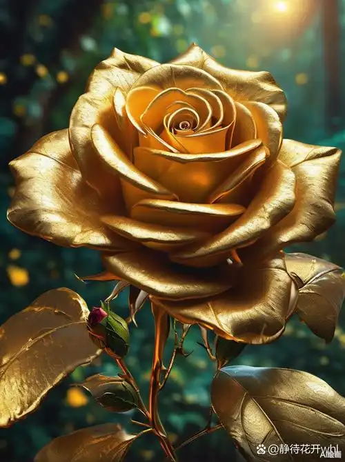 金玫瑰悄然绽放,其华贵的金色在阳光下熠熠生辉,每一片花瓣都仿佛被