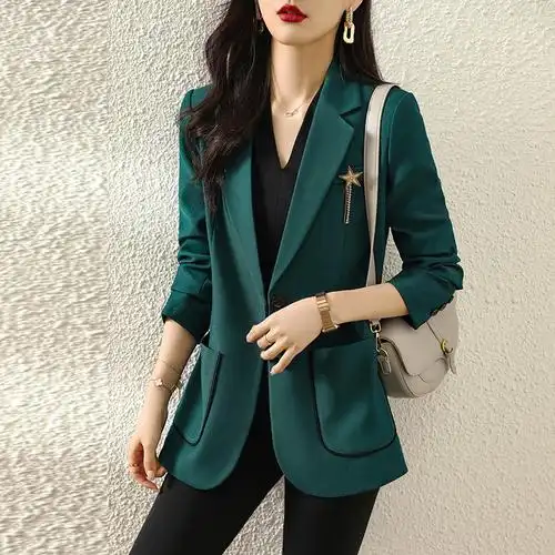 绿色休闲小西装外套女2022春秋季新款一粒扣宽松韩版西服白领上衣