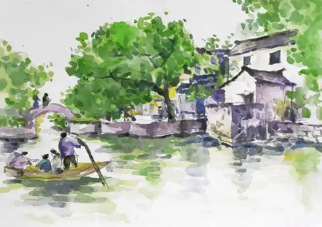 江南水乡写生水彩画,主题为水粉画,可用作江南古镇水彩画,乡村古城