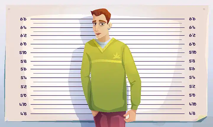 被捕男子在身高背景比例尺上的照片.