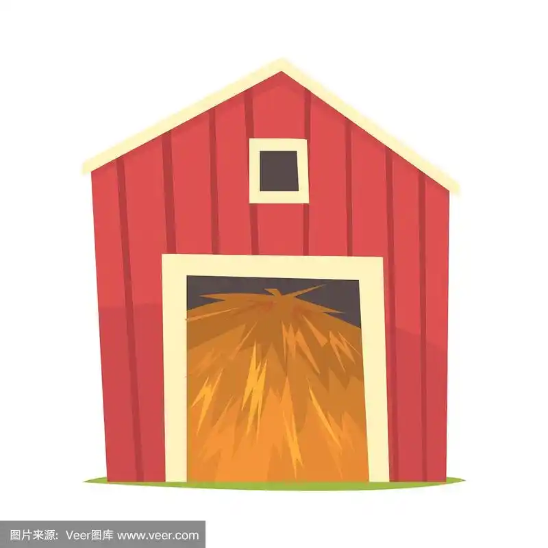 红色谷仓用干草,木制农业建筑卡通矢量插图