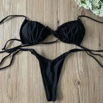 欧美新款泳衣女性感三角比基尼抽绳绑带小胸三点式bikini温泉泳装