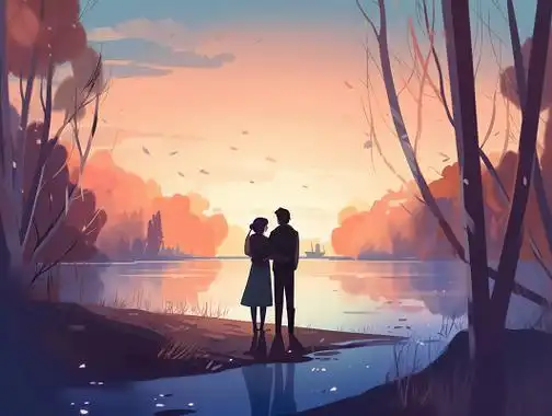 情侣站在一起背影剪影唯美浪漫情人节爱情双人手绘插画温馨氛围感场景