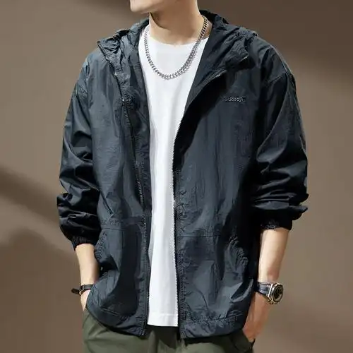 夏季新款山系冲锋衣男户外宽松连帽工装夹克外套防紫外线防晒衣男