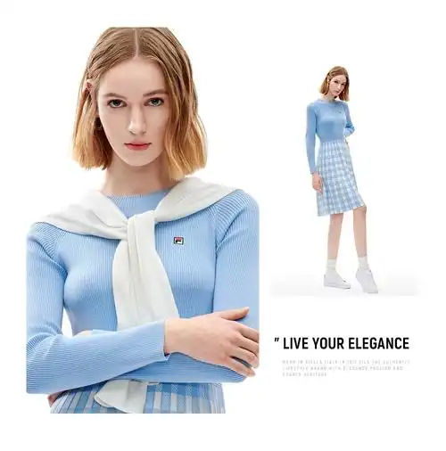 fila斐乐官方女子连衣裙2021春季新款针织显瘦优雅连衣裙吊钟蓝lb180