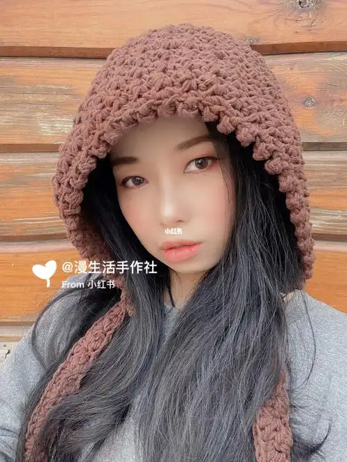 森系咖色护耳编织帽图解