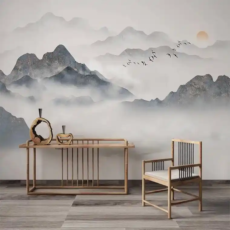 意境中式山水画,客厅背景墙装饰画,沙发卧室墙面壁布,酒店饭店 - 抖音