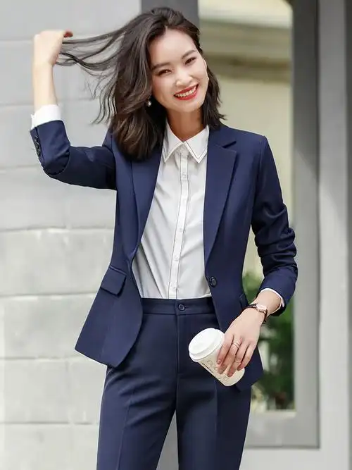 藏蓝色职业西装套装女春秋工作服气质公务员面试正装马甲西服外套