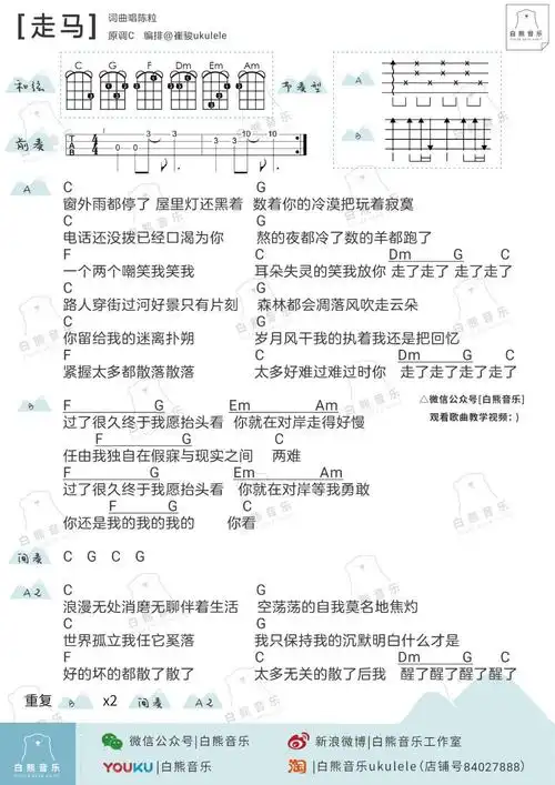 走马观花,空空如也〈走马〉陈粒/尤克里里弹唱教学谱