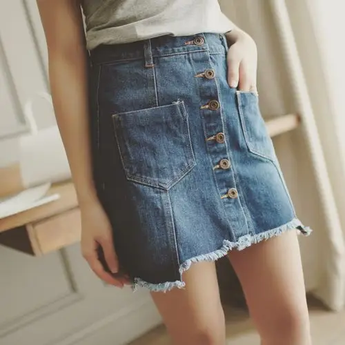 糯米丸子定制气质学院风单排扣装饰须边高腰半身裙短裙dq128