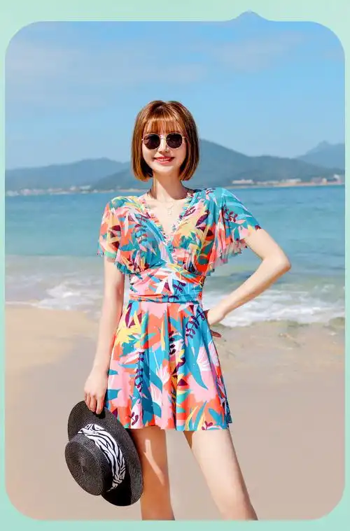 新款泳衣女连体平角时尚遮肚显瘦游泳蕾丝时尚大码泳衣温泉游泳衣