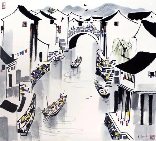 0174 江南水乡图 (一件) 立轴 设色纸本