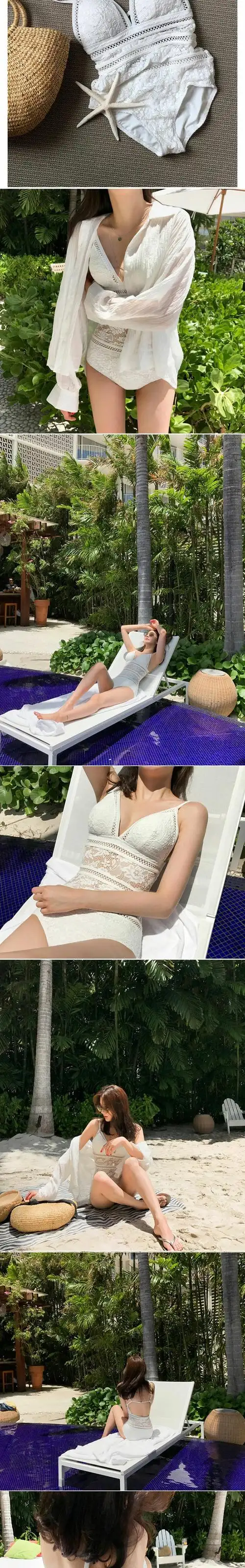 韩国新款女王泳衣女连体比基尼性感露背遮肚蕾丝镂空温泉泳装 - 17网