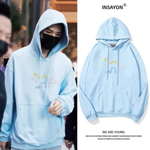 肖战同款衣服天蓝色狐狸刺绣卫衣男女新款秋冬加绒情侣连帽外套