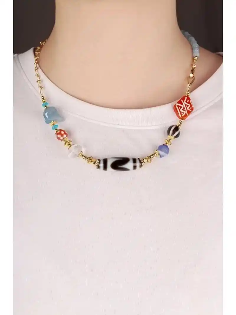 多宝虎牙天珠锁骨链98 西藏天然虎牙天珠多宝项链锁骨链藏式风格小