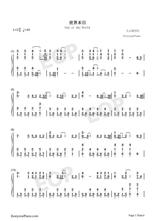 世界末日独奏版-eop教学曲双手简谱预览1