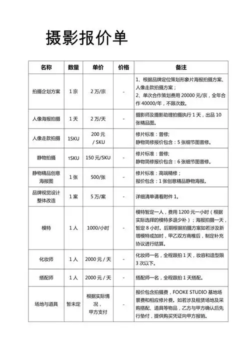 摄影报价单共3页