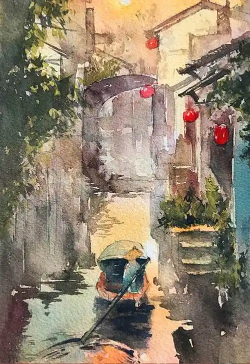 水彩小景江南水乡徽派马头墙这是一组徽派建筑水彩画的内容,希望能