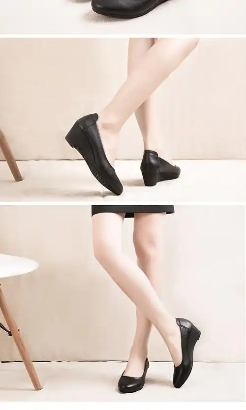 酒店服务员工作鞋女舒适黑色坡跟单鞋圆头中跟皮鞋餐厅浅口鞋黑色后跟