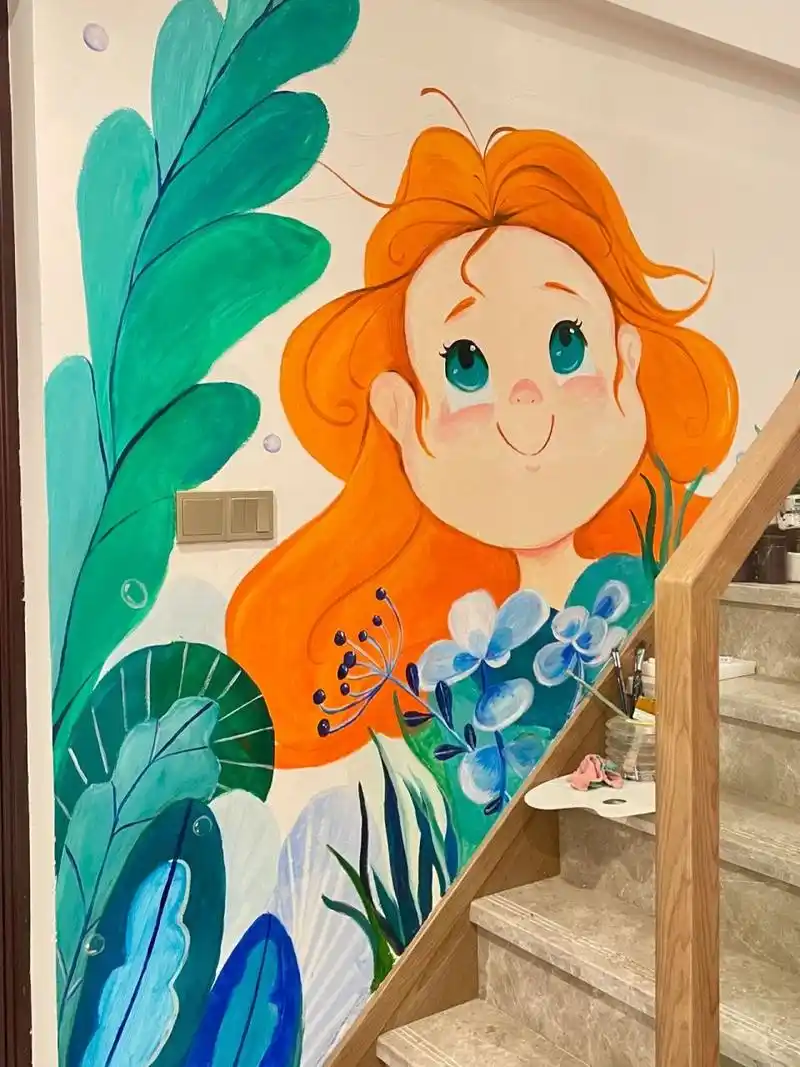 画室楼梯墙绘|一眼让人心情舒畅的墙绘 画室装饰成型中,这幅画确实