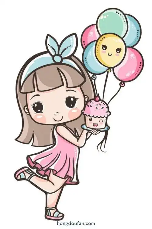 拿着生日蛋糕和庆祝彩球的小女生简笔画大全