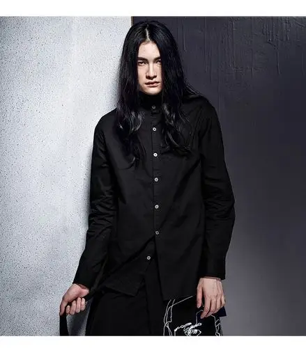 原创设计师秋冬立领个性衬衣前短后长中长款金属扣毛边棉衬衫男装