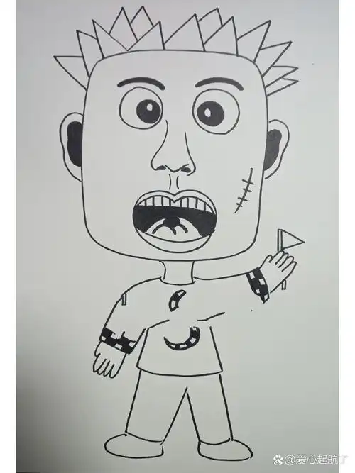 创意美术《夸张的人物》儿童画 1,工具材料: 马克笔,勾线笔,卡纸 2