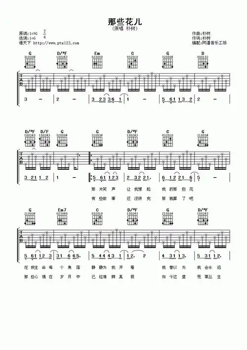 那些花儿吉他谱 g调 朴树-简谱网